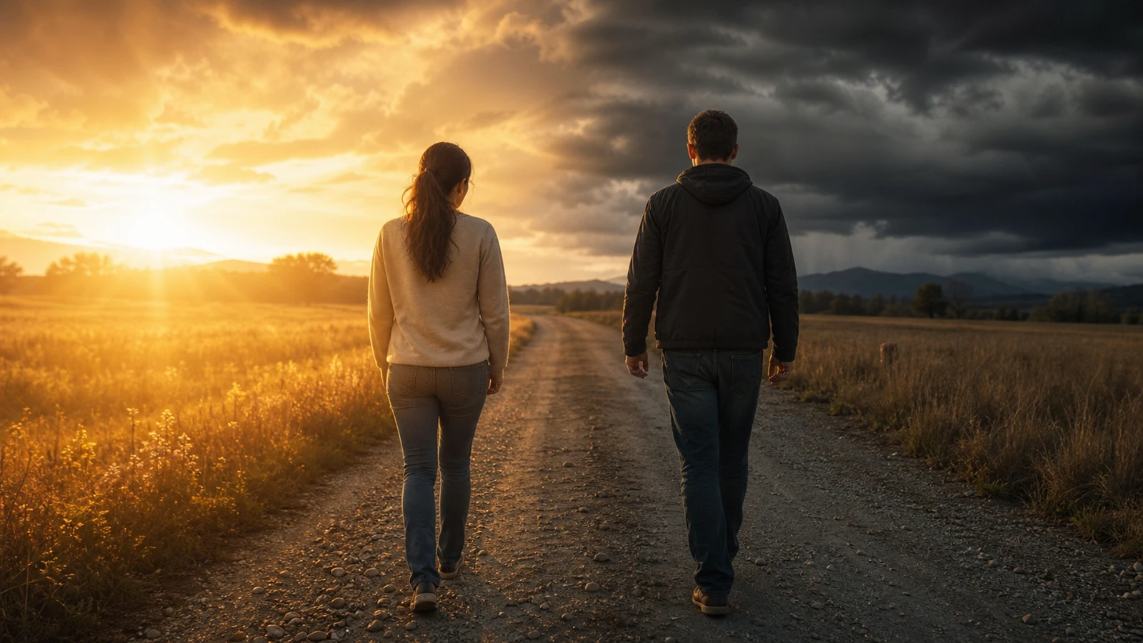 Femme brune aux cheveux longs attachés et homme marchant au loin sur une route de campagne, soleil sur elle et nuages sombres sur lui