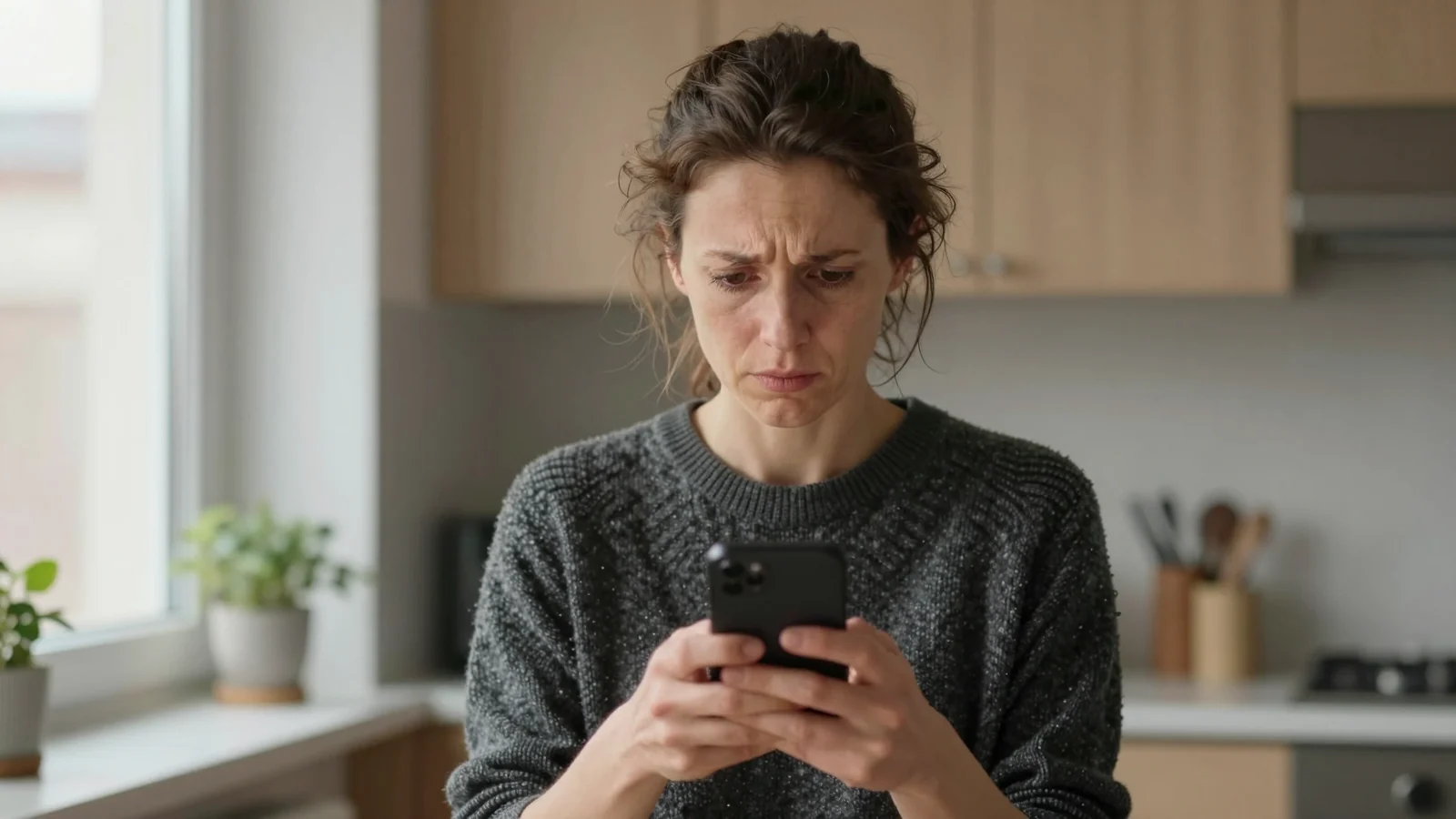 Femme dans une cuisine, tenant un téléphone des deux mains, regard sérieux et concentré