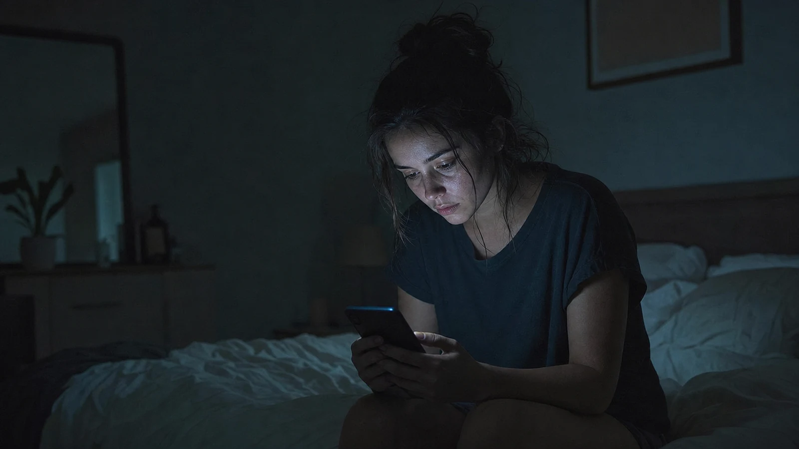 Personne assise au bord d’un lit la nuit, visage éclairé par un téléphone, attente silencieuse