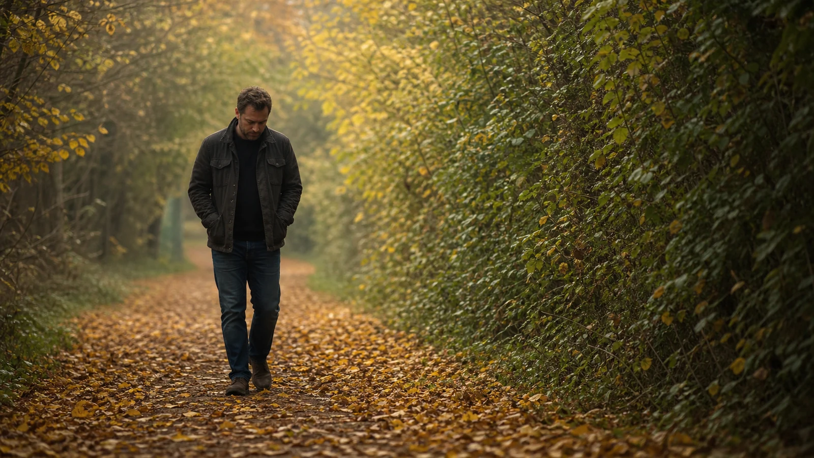 Homme marchant la tête baissée sur un chemin forestier couvert de feuilles d’automne