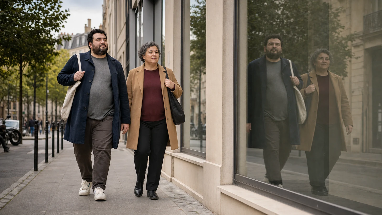Un homme aux cheveux noirs et une femme aux cheveux poivre et sel marchent côte à côte devant une vitrine, accompagnés de leurs reflets