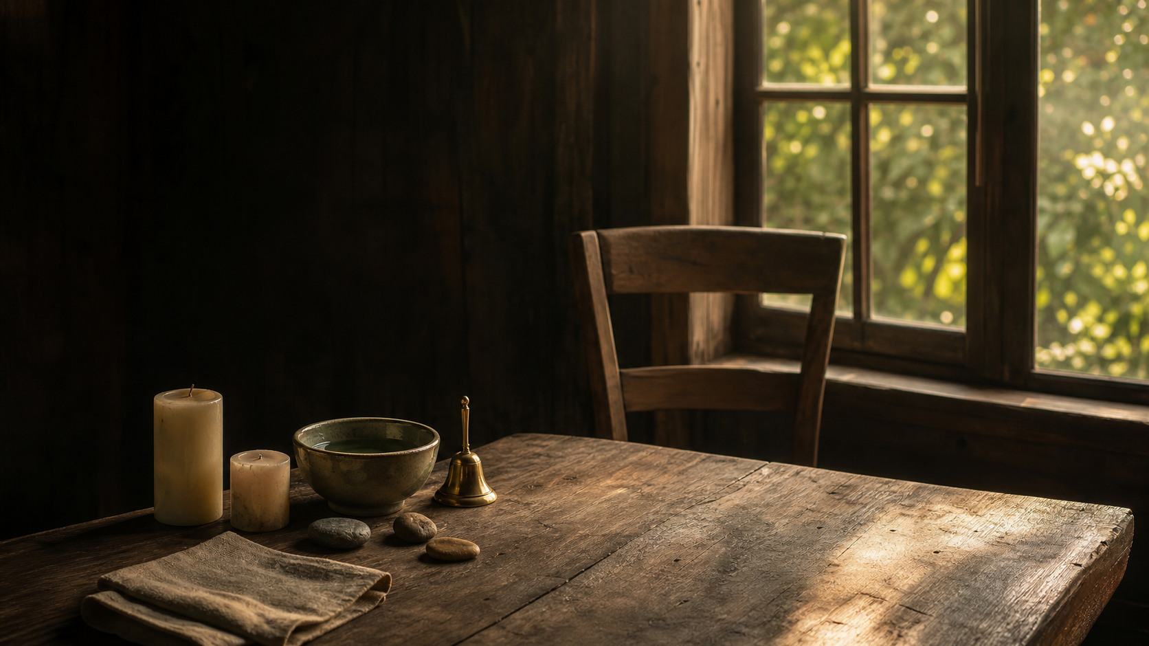 Une table en bois près d'une fenêtre, avec deux bougies éteintes, un bol d'eau, une clochette, quelques pierres et une chaise repoussée.