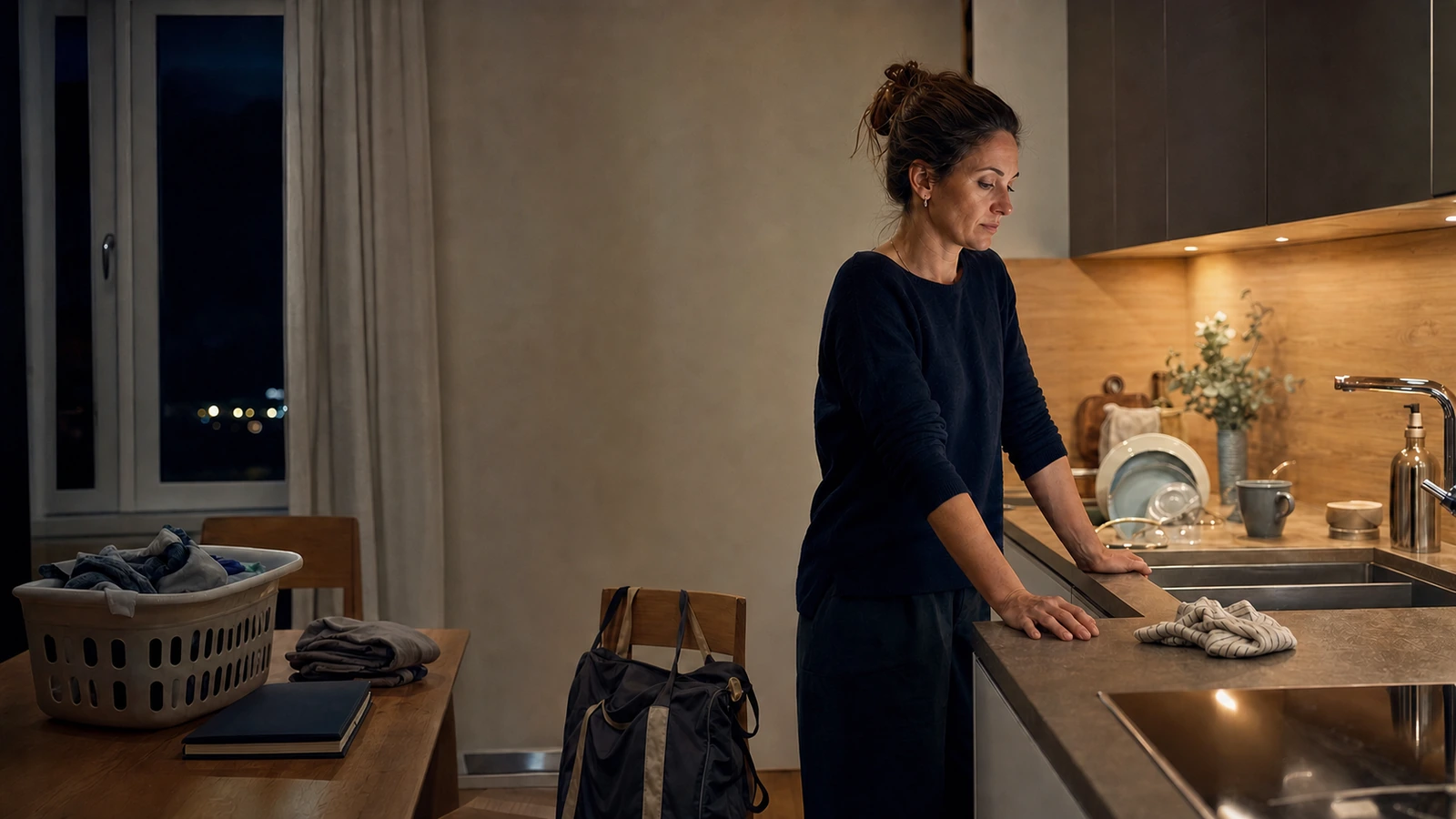 Femme debout dans une cuisine le soir, regard baissé et mains appuyées sur le plan de travail, avec vaisselle, linge et sac de sport en attente.