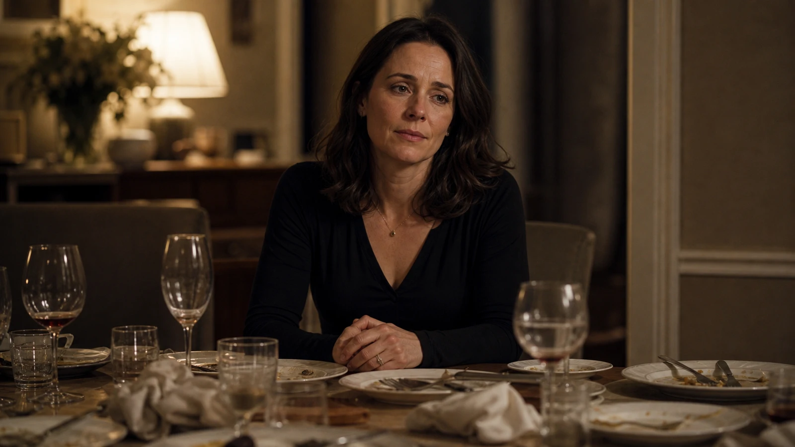 Femme assise seule à une table après le repas, assiettes vides, expression lasse