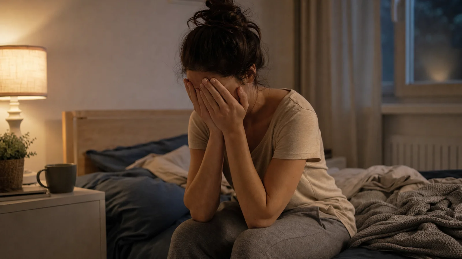 Femme assise sur le bord d’un lit, visage dans les mains, lampe de chevet allumée