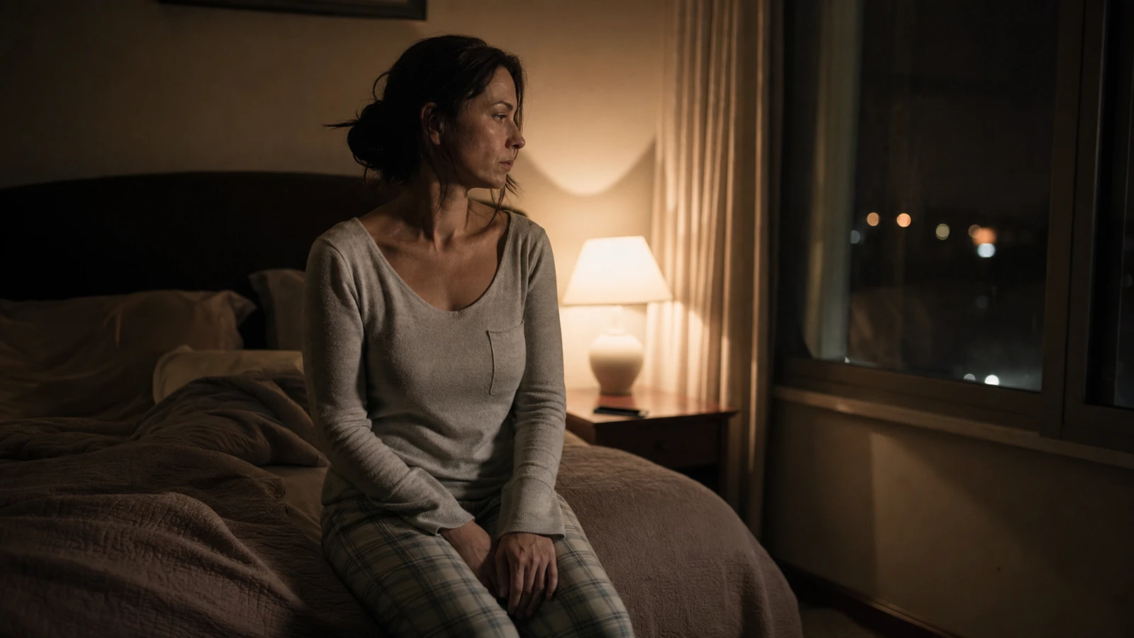 Femme assise au bord du lit la nuit, regard vers la fenêtre, téléphone posé sur la table de nuit