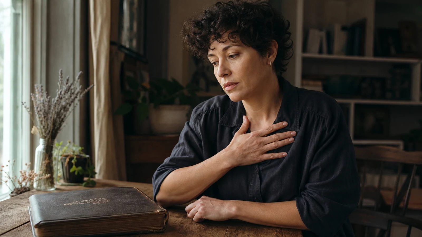 Personne assise à une table en bois, album familial fermé à côté, main posée sur le sternum, lumière douce de fenêtre
