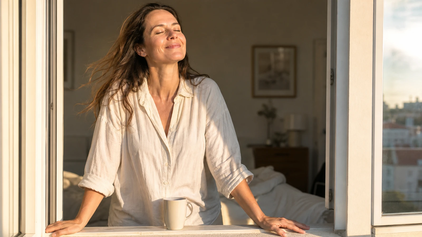 Femme à la fenêtre le matin, lumière dorée, expression apaisée et épaules détendues