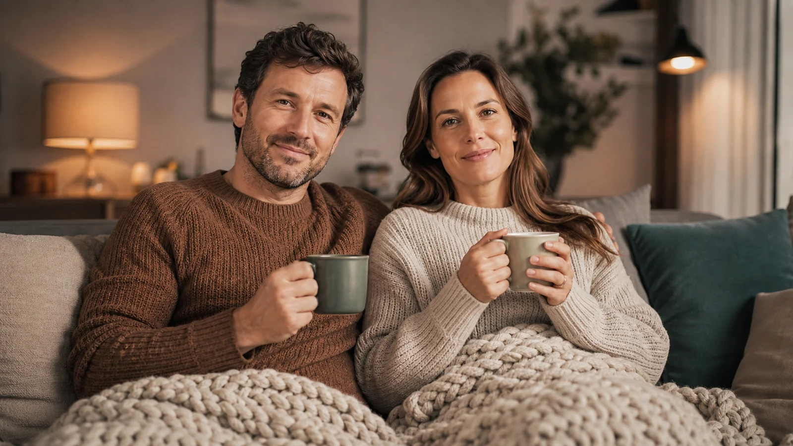 Couple homme et femme sur un canapé, tasses en main, lumière chaude de salon