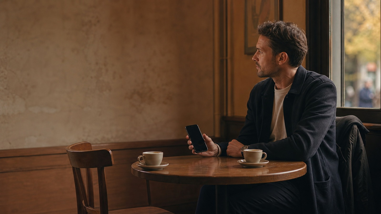 Un homme attend seul à une table de café prévue pour deux, un téléphone à la main et une chaise vide en face.