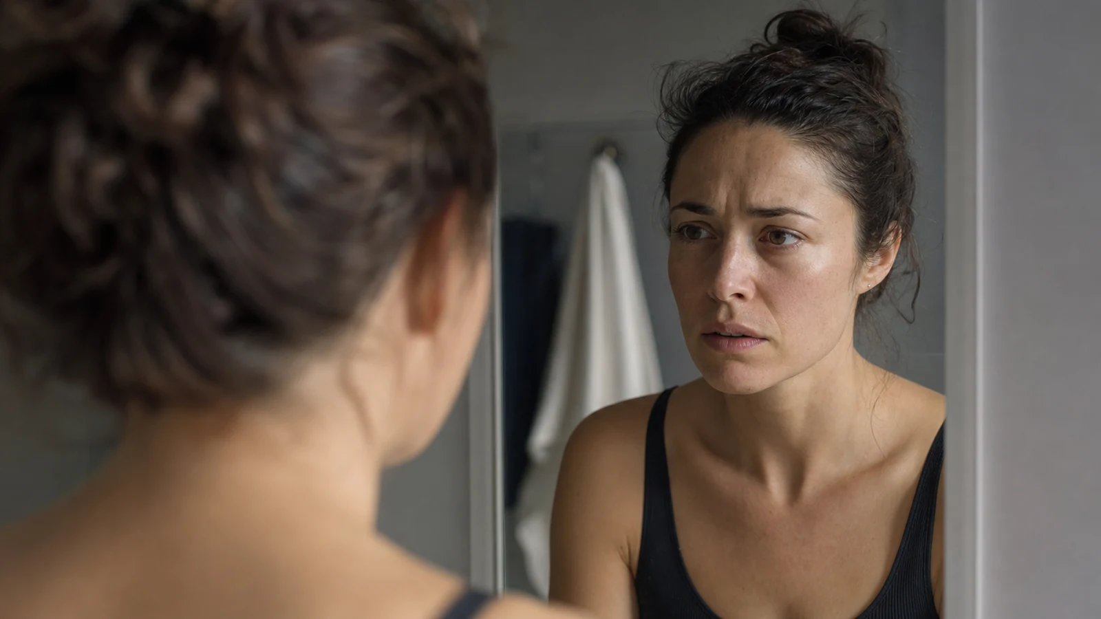 Femme brune de face dans un miroir de salle de bain, chignon lâche, expression préoccupée, débardeur noir