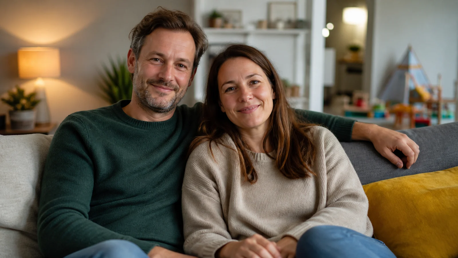 Couple souriant sur un canapé, salon familial lumineux