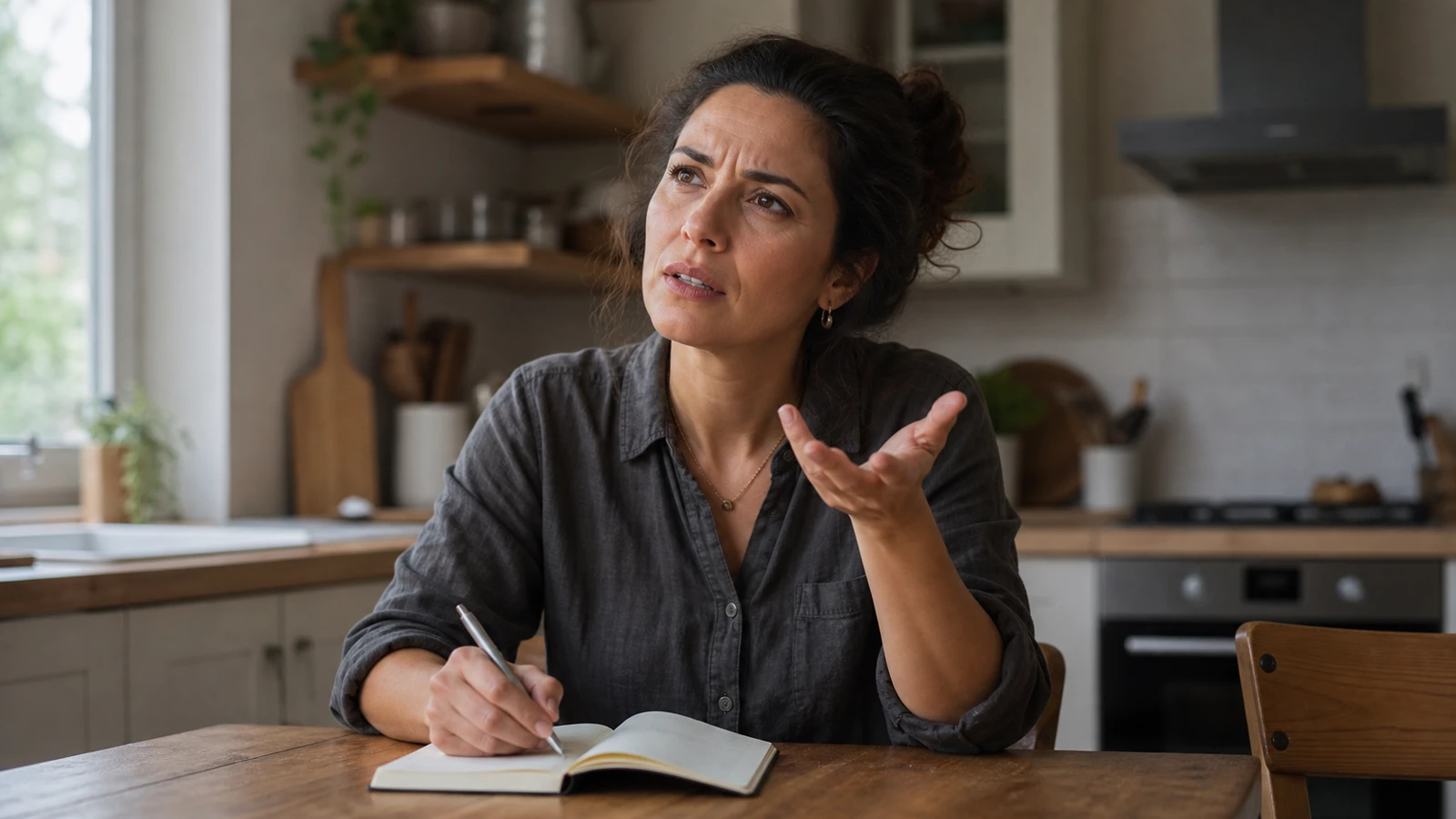 Femme assise à une table avec un carnet, regard interrogatif levé comme une question sincère