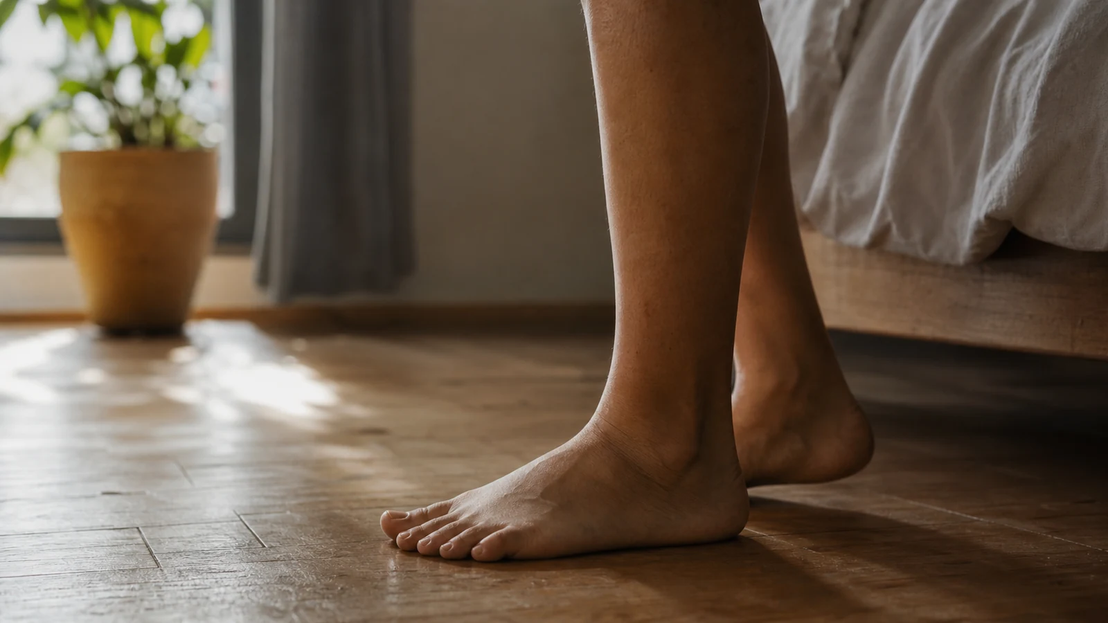 Pieds nus posés sur un parquet de chambre, lumière du matin près d’un lit