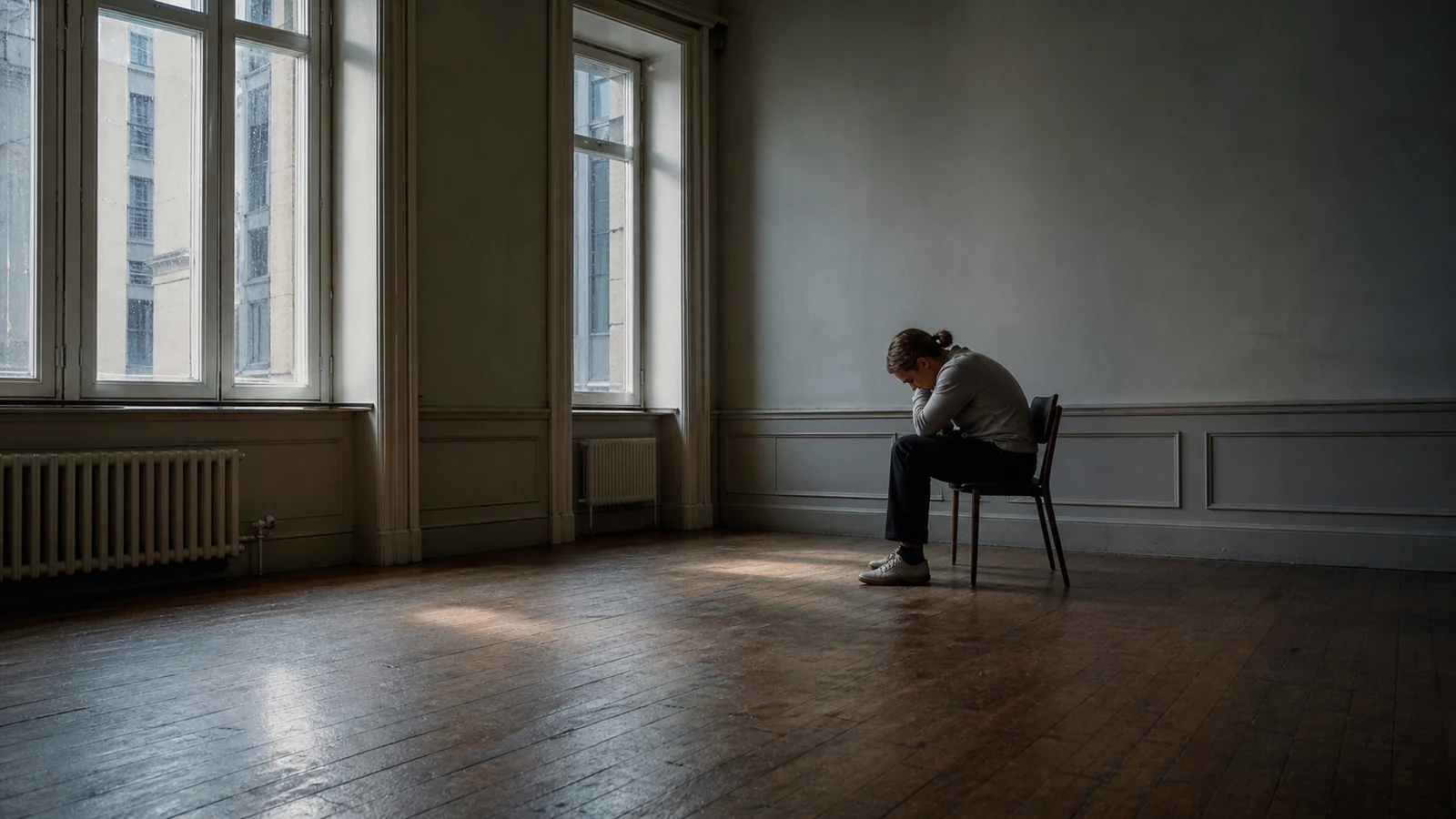 Femme seule assise sur une chaise dans une grande pièce vide, tête baissée, lumière de fenêtre