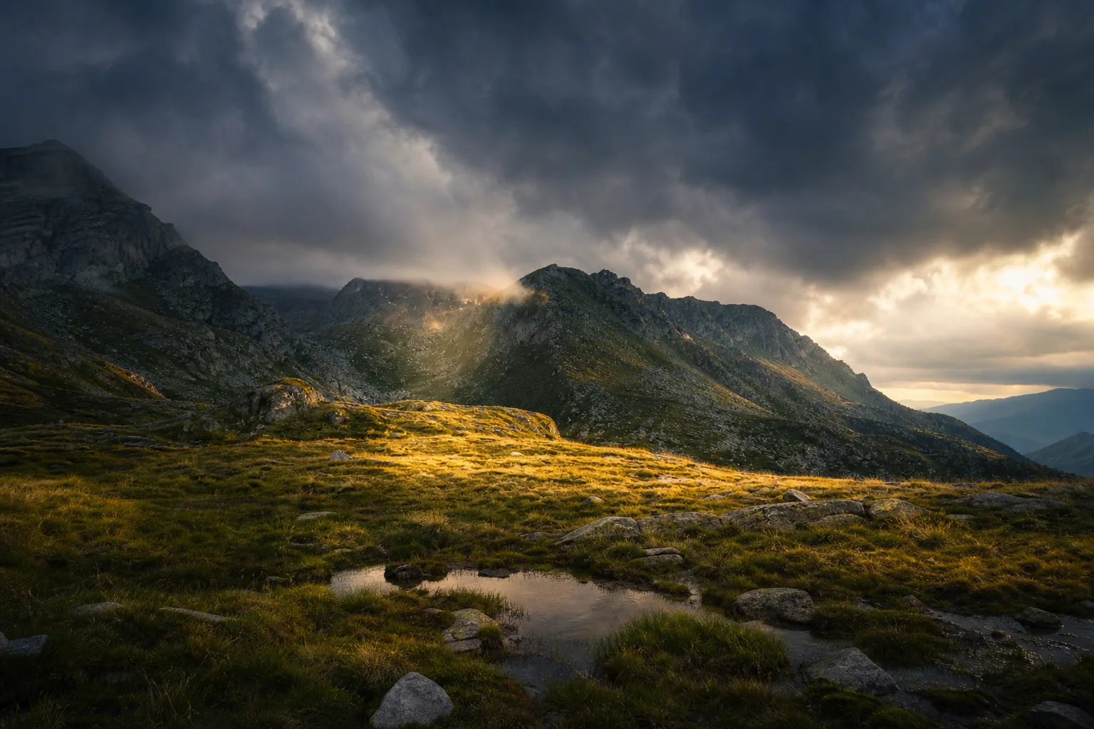 Prairie alpine éclairée sous un ciel encore chargé après la pluie